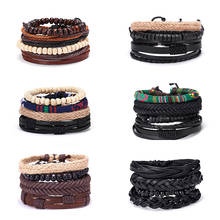 Pulseira de couro masculina, bracelete vintage de múltiplas camadas trançadas, com contas, para presente 2024 - compre barato