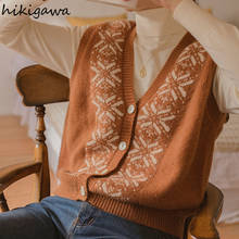 Hikigawa-suéteres sin mangas Vintage para mujer, chaleco suelto con cuello en V, Tops de moda coreana, cárdigans elegantes, chalecos 2024 - compra barato