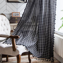 Cortina xadrez preta com borla, cortina para sala de estar, janelas francesas, algodão, semi-apagão 2024 - compre barato