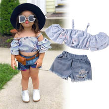 Free shipping Toddler Baby Girl clothes Off Shoulder striped strap Ruffle pullover short sleeve Top Denim Hole pocket Shorts 2pc 2024 - buy cheap