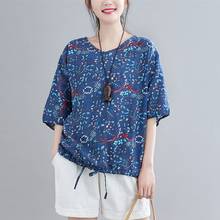 Women Summer Loose Casual T-shirts New Arrival 2021 Vintage Style V-neck Floral Print Female Cotton Linen Tops Tees S3661 2024 - buy cheap