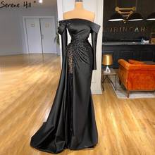 Black A-Line Detachable Long sleeve Evening Dresses 2021 Satin Beading Sexy High-end Formal Dress Serene Hill HM67153 2024 - buy cheap