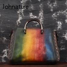 Johnature Retro First Layer Cow Leather Women Bag 2022 New Fashion Rivet Handbag Casual Large Capacity Shoulder Messenger Bags 2024 - buy cheap
