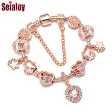 Seialoy Fashion Rose Gold heart Charm Bracelets For Women Original Pink Crystal Star Bunny Beaded Bracelet Girl New Jewelry Gift 2024 - buy cheap