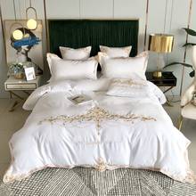 White Premium 60S Satin Washed Silk Cotton Exquisite Gold Embroidery Bedding Set Duvet Cover Bed Linen Fitted Sheet Pillowcases 2024 - buy cheap