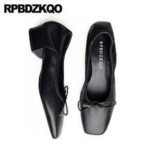 Bow Chunky Block Luxury Brand 2021 Ladies Shoes Square Toe Fashion Slip On Thick Leather Pumps Low Heels Black Size 4 34 Genuine 2024 - buy cheap