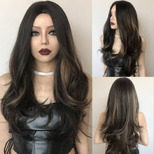ALAN EATON Women Long Wavy Ombre Black Dark Brown Golden Cosplay Middle Part Synthetic Hair Wig with Highlight High Tempeqrature 2024 - buy cheap