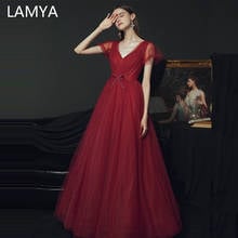 LAMYA Burgundy Puff sleeve Prom Dresses Simple V Neck Formal Dress Floor Length Elegant A-line Plus Size Robe De Soiree 2024 - buy cheap