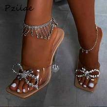 Pzilae женские тапочки 2021 Прозрачные высокие каблуки сексуальные с квадратным носком Модные Стразы с бантиком Свадебная обувь для вечевечерние НКИ для женщин размер 41 2024 - купить недорого