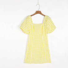 Summer Women's Casual Plaid Square Collar Short Sleeve Slim Dress 2024 - buy cheap