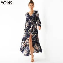 YOINS Summer Stylish Split V Neck Long Dress 2020 Women Floral Print Bohemian Beach Dress Long Sleeve Tunic Maxi Dress Vestidos 2024 - buy cheap