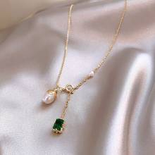 Hot Sale Fashion Jewelry Elegant Square Green Zircon Pearl Double Pendant Necklace Elegant Everyday Wild Necklace for women 2024 - buy cheap