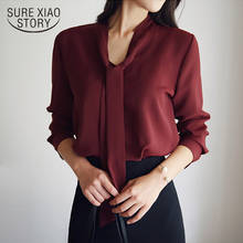 2018 Осенняя Женская одежда с длинным рукавом с галстуком-бабочкой женские рубашки Корейская Свободная шифоновая блузка женская рубашка  однотонная блуза 699C 30 2024 - купить недорого