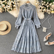 Dress female spring and winter new design sense hollow lace stand-up collar slim mid-length fairy dresses 2024 - buy cheap