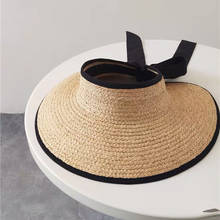 Chapéu de palha feminino vazio, de ráfia, tecido à mão, vazio, parte superior larga, casual, de verão, laço, fita preta, decoração de praia 2024 - compre barato