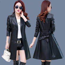 2020 Autumn New Women Long Leather Jacket Slim Plus Size 6XL With Belt Motorcycle PU Leather Long Jacket Coat Leather Trench 349 2024 - buy cheap