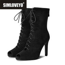 SIMLOVEYO New 2021 Women Ankle Boots Peep Toe 10cm High Thin Heels Flock Lace-Up Zip Sexy Classic Big Size 34-43 Casual B2487 2024 - buy cheap