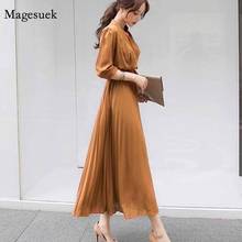 Korean Style Chiffon Long Sleeve Pleated Dress for Women 2020 Spring Slim Waist Tie Ladies Pleated Single-breasted Dress 12537 2024 - buy cheap