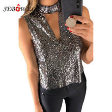 SEBOWEL Fashion Summer Woman Deep V Cut Hollow Out Choker Neck Sequin Vest Tank Tops Large Size Female Glitter Tops Size S-XXL 2024 - buy cheap