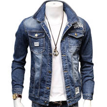 Jaqueta jeans bordada masculina de algodão, jaqueta slim para homens com lapela de manga longa, para primavera e outono, 2019 2024 - compre barato