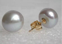 free shipping HUGE AAA 11-12mm NATURAL SOUTH SEA GRAY STUD PEARL EARRING 14k/20 GOLD 2024 - buy cheap