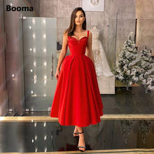 Booma Simple Red Velvet Midi Prom Dresses Spaghetti Straps Sweetheart A-Line Prom Gowns Pleated Tea-Length Wedding Party Dresses 2024 - buy cheap