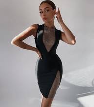 Vestido feminino crystal sem mangas cristais, vestido de festa sparsem manga sexy preto brilhante para clube celebridade 2021 2024 - compre barato