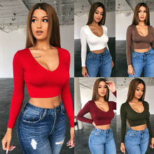 Casual Women Plain Shirts Bottoming Tops Ladies Bandage Wrap V-neck Crop Tops Solid Long Sleeve Slim Pullover Shirts 2024 - buy cheap