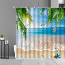 Ocean Scenery Shower Curtains Blue Sky Beach Seagull Starfish Green Tropical Plants Bathtub Decoration Waterproof Cloth Curtain 2024 - buy cheap