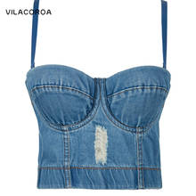 Denim Corset Tube Top Spaghetti Vintage Crop Top Women Distressed Sexy Backless Sling Camisoles Streetwear Party Tank Top Female 2024 - buy cheap