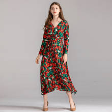 Wholesale Runway Dress  Women Fashion Full Sleeve V-Neck Flower Print Red Belt Boho Long Dress Vestidos 2024 - buy cheap