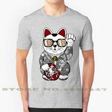 Camiseta engraçada verão da yakoza neko, camiseta para homens, mulheres, yakoça, sorte, fortuna, máfia, tatuagem, maneki neko daruma, japonesa asiática 2024 - compre barato