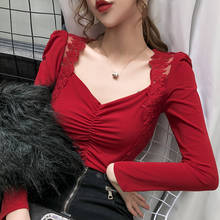 #5605 Red Yellow Basic T Shirt Women Spliced Lace Square Collar Sexy Womens Tee Shirts Cotton Elastic T-shirt Female Spring 2021 2024 - buy cheap