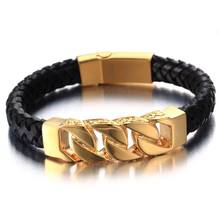 Black Genuine Leather Bracelet Men Gold Color Stainless Steel Men's Wrap Bracelets & Bangles Cool Jewelry Brazaletes 2024 - buy cheap