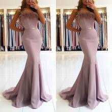 2020 Fashion Strapless Sleeveless Mermaid Prom Dresses Satin Long Formal Evening Gowns Vestidos De Fiesta With Feathers 2024 - buy cheap