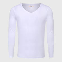 Camiseta masculina de cor sólida, primavera e outono, gola em v, camiseta masculina de algodão, manga longa, slim 2024 - compre barato