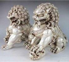 6" Chinese Silver Copper Fu Foo Dog Guardian lion Statue Pair 2024 - buy cheap