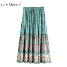 Boho Queens-Falda Hippie para mujer, con estampado floral de pavo real, cintura elástica alta, de playa, Maxi, acampanada 2024 - compra barato