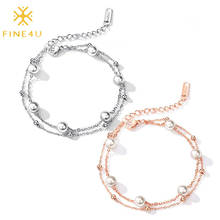 Fine4u b502 rosa cor de ouro duplo em camadas pérola pulseira ajustável link chain pulseira simulado pérolas brancas jóias 2024 - compre barato