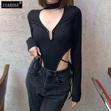 ISAROSE Side Lace-up Bodysuits Fashion Long Sleeve One-piece Cloth Female Ribbed Knit Turtleneck Choker Deep V Bodysuit with Pin 2024 - buy cheap