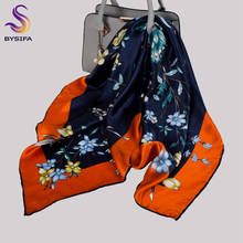 Bysifa cachecol de seda pura unissex, cachecol quadrado laranja azul 100% da moda de luxo com estampa floral primavera e outono hijab 2024 - compre barato