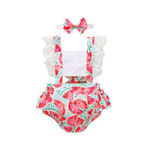 0-18M Cute Newborn Baby Girl Jumpsuits Ruffles Fly Sleeve Lace Watermelon Print Romper Headband 2PCS Outfits Baby Clothes 2024 - buy cheap