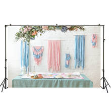 Macramé de seda rosa y azul en la pared de ladrillo blanco, fondo de decoración Bohemia, Fondo de fotografía, cartel de retrato de Bebé y Niño 2024 - compra barato