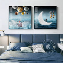 Современные Мультяшные плакаты, принты, луна, планета, путешествия, настенная живопись, настенные синие картины для гостиной, детской комнаты, скандинавский Декор 2024 - купить недорого