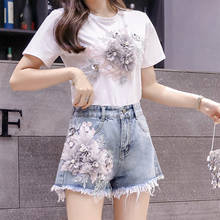 Women Beaded 3D Flower Cotton Tshirts + Denim Short Pant Costumes Suits Summer Short Sleeve Tshirts XZ052 2024 - buy cheap