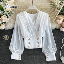 2020 autumn new female V-neck lantern sleeve double breasted slim chiffon shirt women's solid lace-up blouse women shirts top 2024 - buy cheap