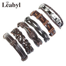 Leabyl pulseira masculina, bracelete clássico com contas de estrela, vintage, pulseira de couro marrom, pulseira punk trançada diy 2024 - compre barato
