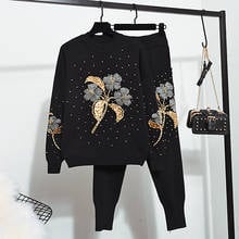Autumn Winter High Quality Knitted Two Piece Set Women Beading Flower Knitting Sweater Casual Pants Ladies Tracksuits Loose 2pcs 2024 - buy cheap