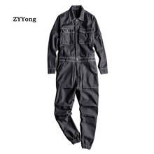 Macacão jeans masculino, manga longa, calças pretas com feixe removível, para hip-hop, cargo, moda de lazer e frete 2024 - compre barato