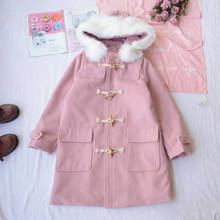 Winter japanese college style sweet lolita coat fur collar hooded wooden buckle kawaii overcoat kawaii girl gothic lolita coat 2024 - buy cheap